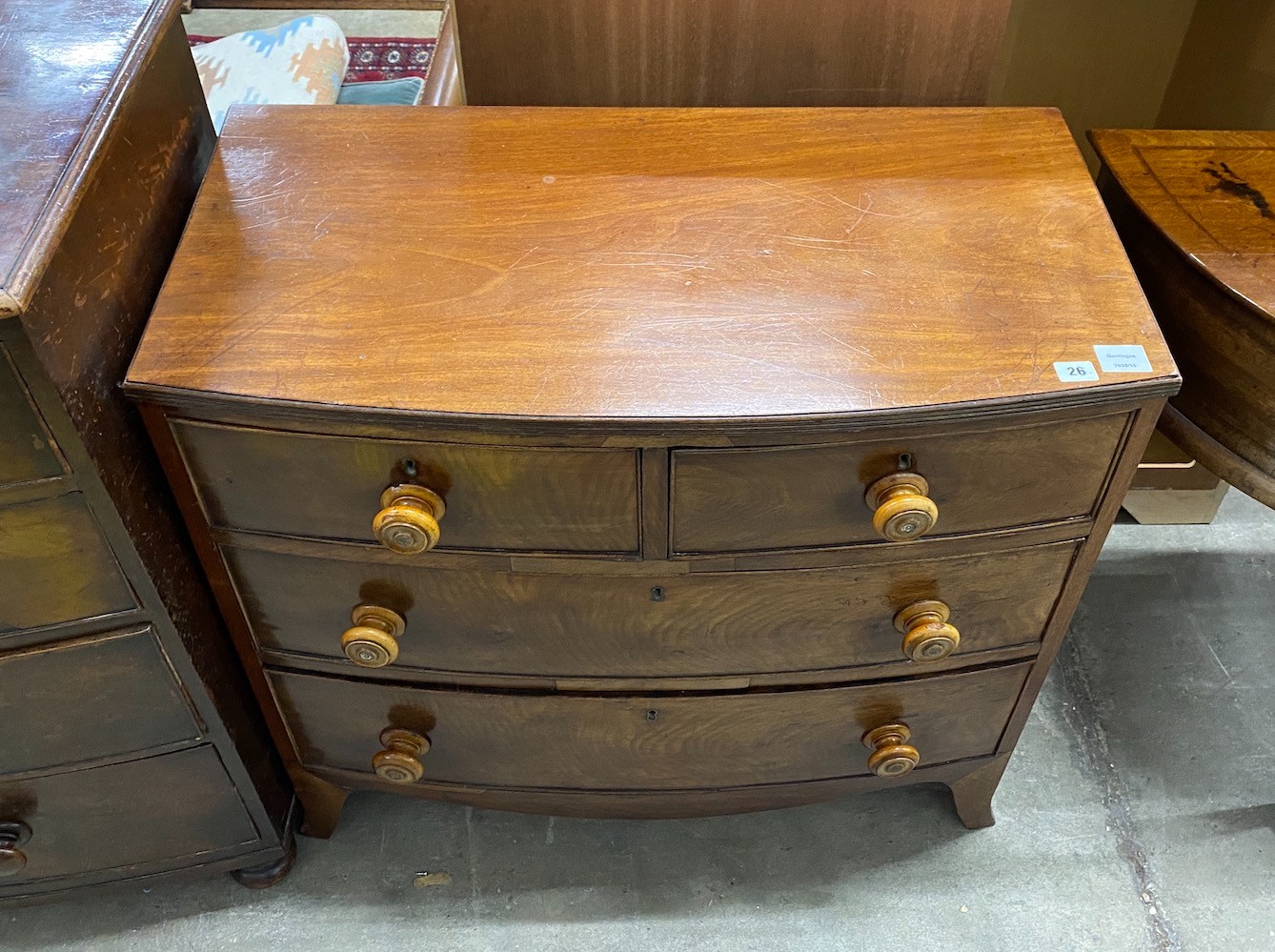 A small Regency mahogany bowfront chest, width 85cm, depth 45cm, height 81cm